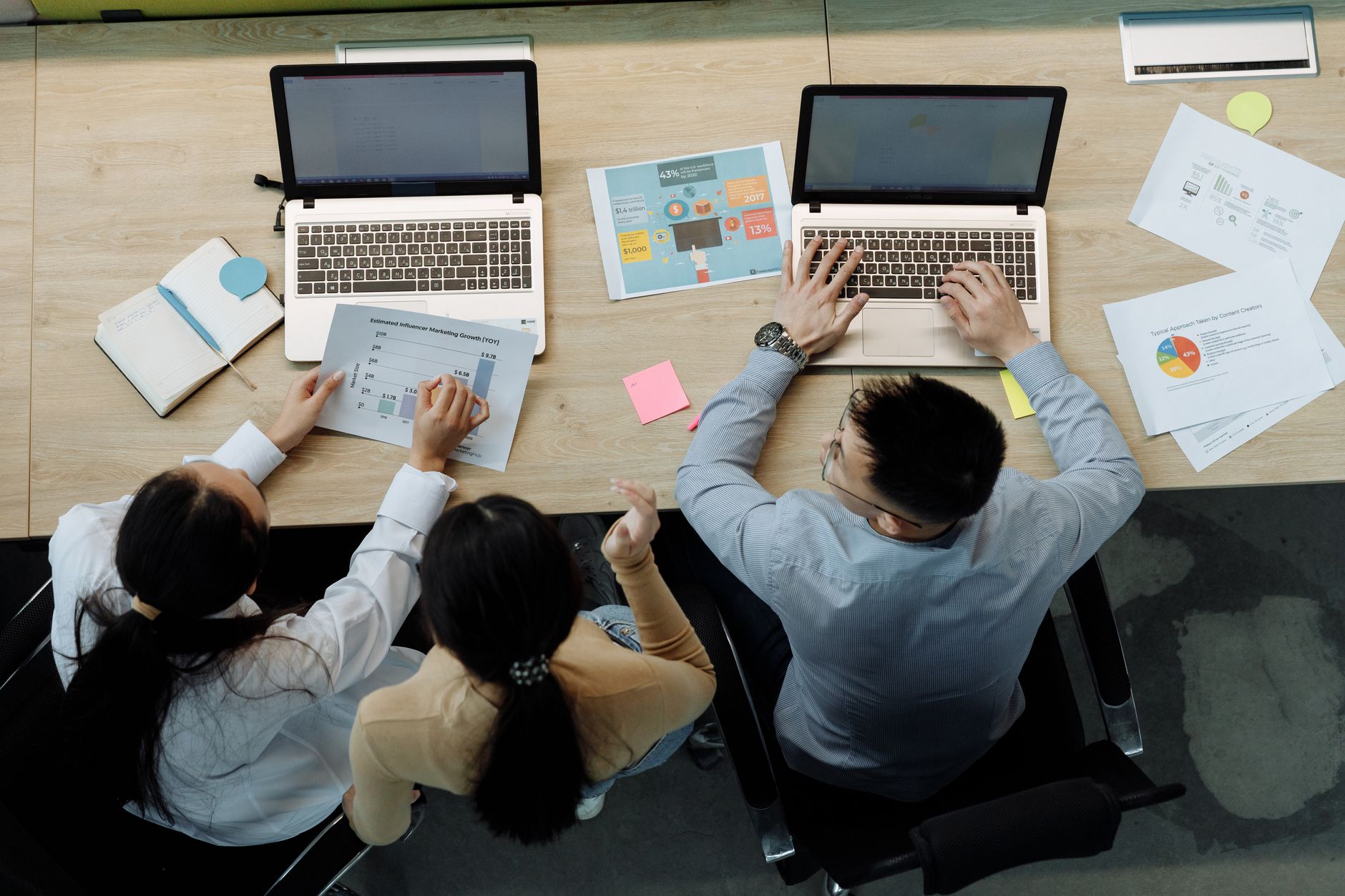 Three colleagues working on laptops and documents at a desk, collaborating on business pro